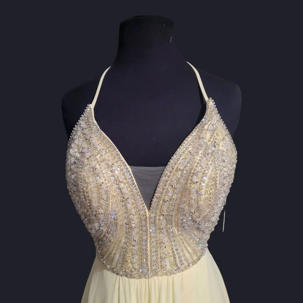 Faviana Pastel Yellow Halter Beaded A-line Lace-Up Chiffon Dress New with Tags - Picture 6 of 10